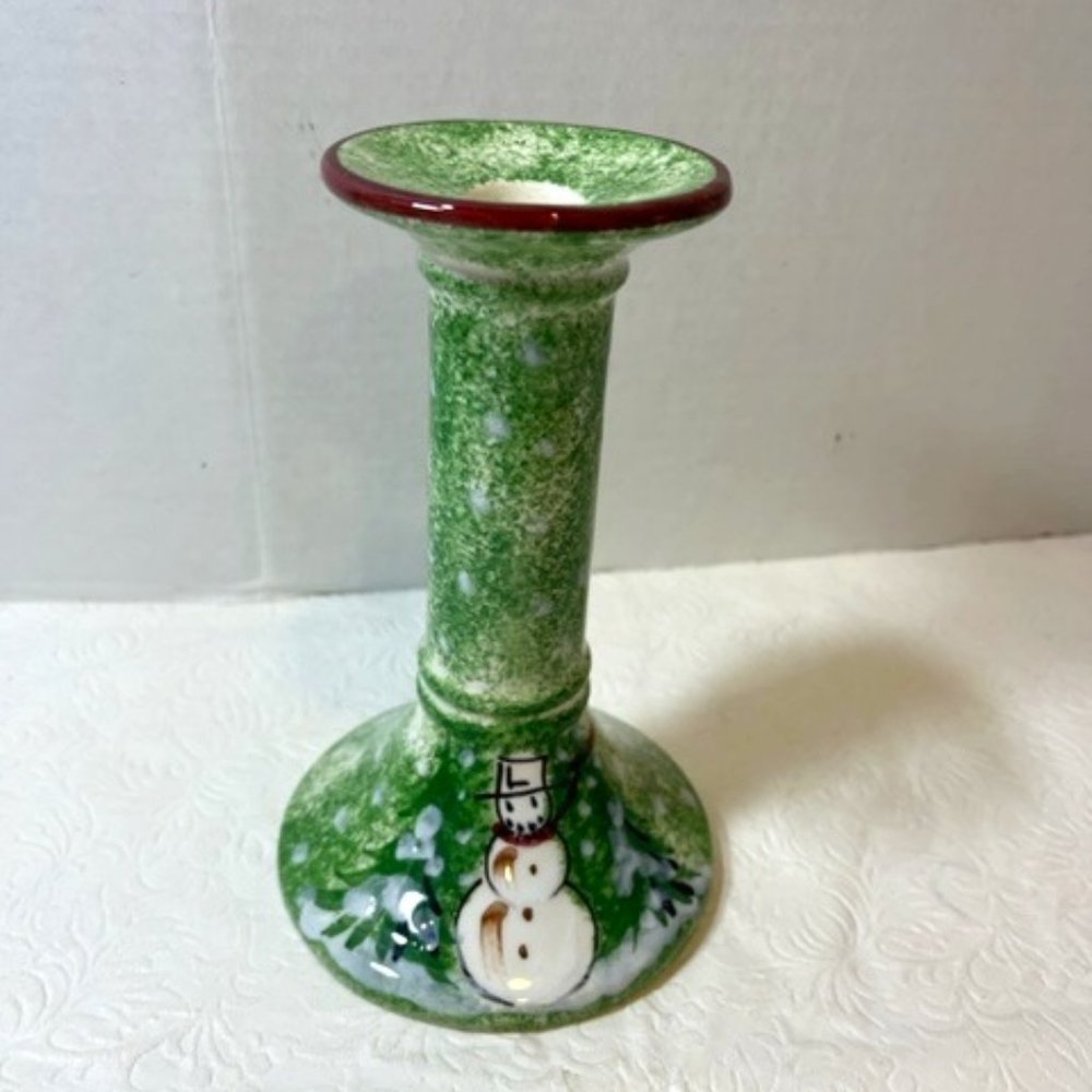One Small Candlestick Ceramic Snowman Holiday Christmas Winter Hand Painted 7"